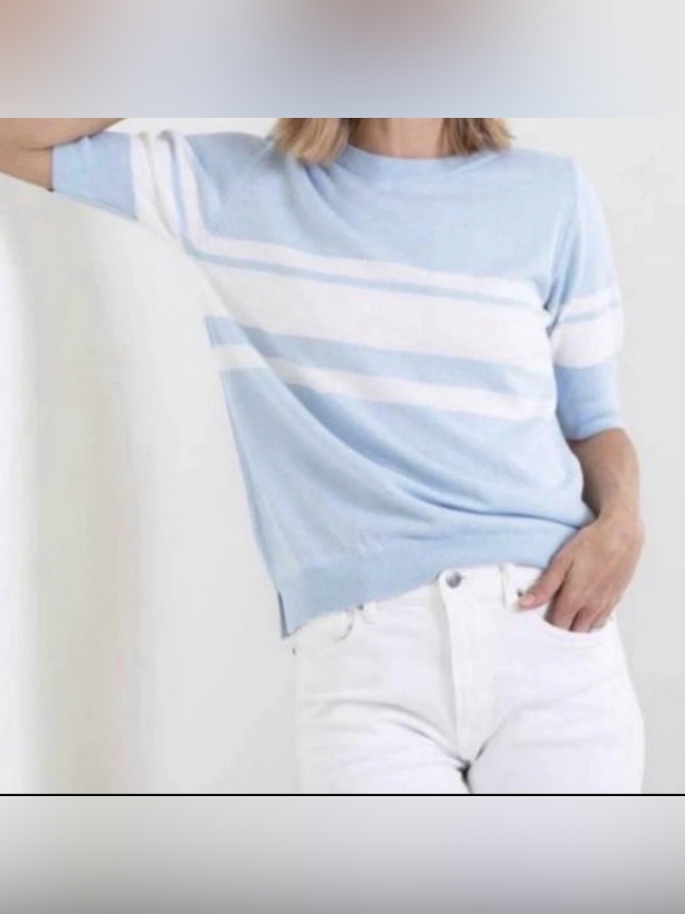 Mersea Court Side Blue and White Short Sleeved Striped Sweater.  Sz M